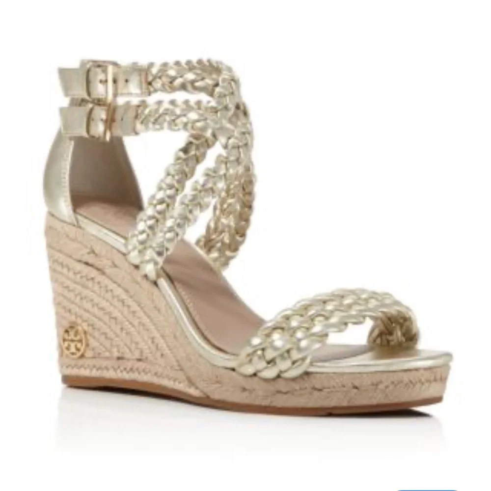 New‎ in Box Tory Burch Women’s Bailey Metallic Leather Espadrille Platform Wedge